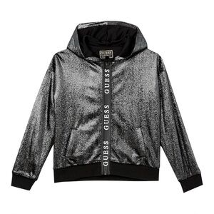 GUESS Girls Shiny Velour Logo Zip Front Hooded Bomber Y2K Pockets Long Sleeve